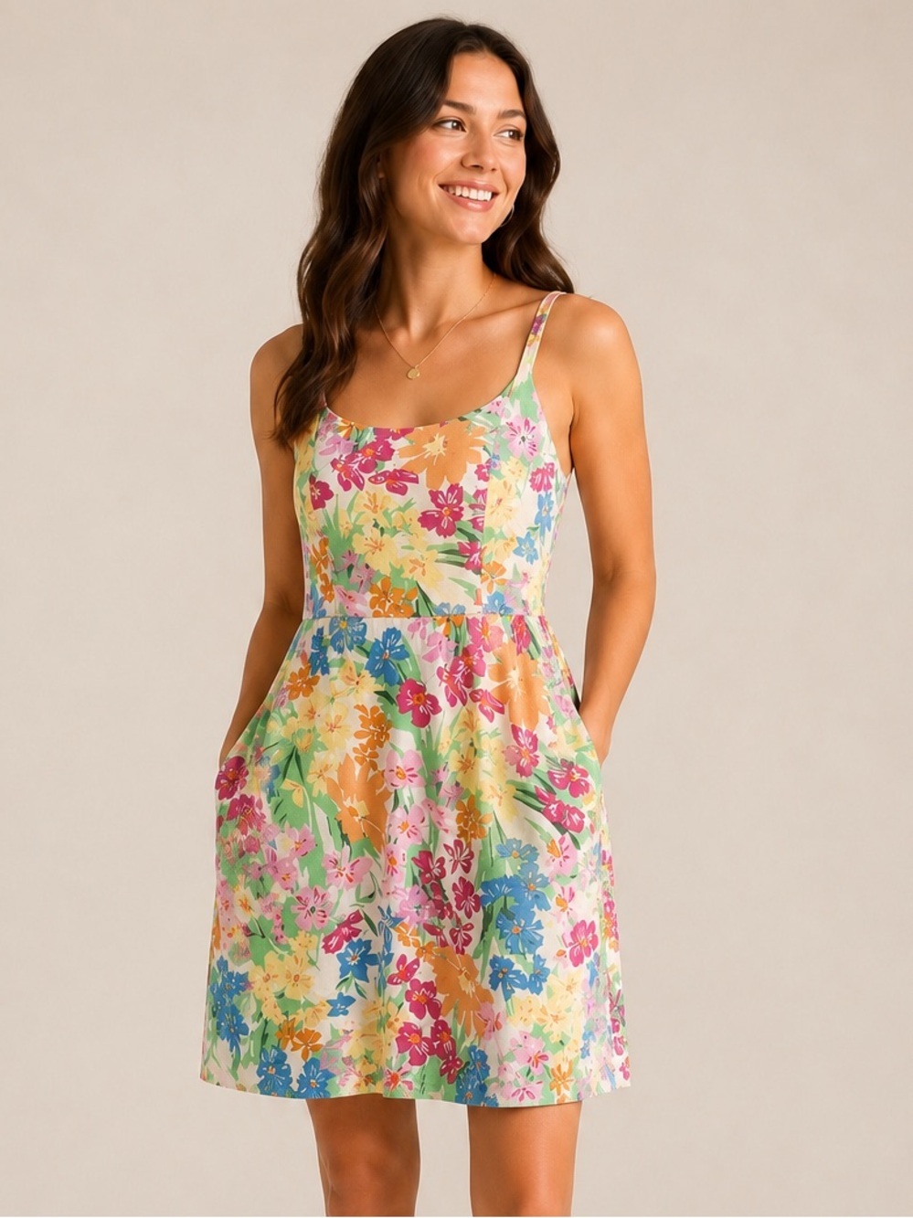 NWT Old Navy Cami Linen Blend Floral Mini Dress w Pockets 863521